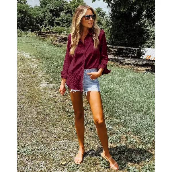 imageBTFBM Womens Satin Button Down Shirts Roll Up Long Sleeve Lapel V Neck Loose Casual Work Summer Fall Blouse Tops 2023Leopard Wine Red