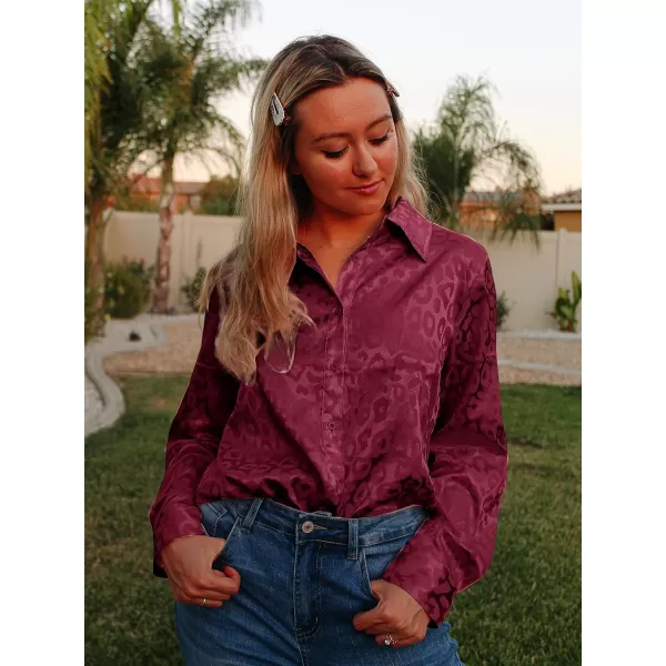 imageBTFBM Womens Satin Button Down Shirts Roll Up Long Sleeve Lapel V Neck Loose Casual Work Summer Fall Blouse Tops 2023Leopard Wine Red
