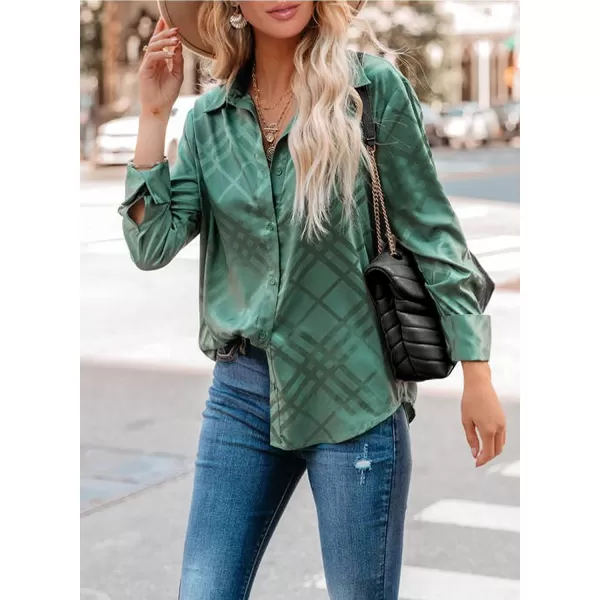 imageBTFBM Womens Satin Button Down Shirts Roll Up Long Sleeve Lapel V Neck Loose Casual Work Summer Fall Blouse Tops 2023Plaid Green