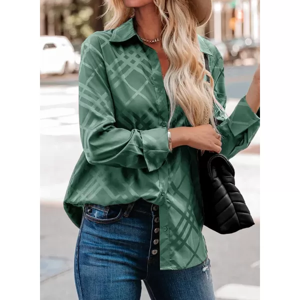 imageBTFBM Womens Satin Button Down Shirts Roll Up Long Sleeve Lapel V Neck Loose Casual Work Summer Fall Blouse Tops 2023Plaid Green