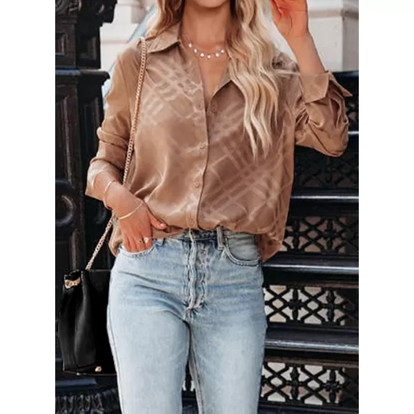 imageBTFBM Womens Satin Button Down Shirts Roll Up Long Sleeve Lapel V Neck Loose Casual Work Summer Fall Blouse Tops 2023Plaid Khaki
