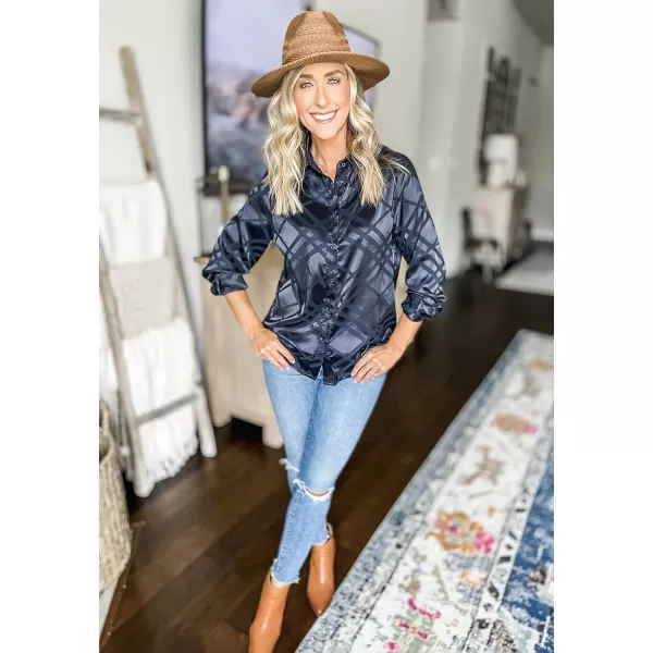 imageBTFBM Womens Satin Button Down Shirts Roll Up Long Sleeve Lapel V Neck Loose Casual Work Summer Fall Blouse Tops 2023Plaid Navy