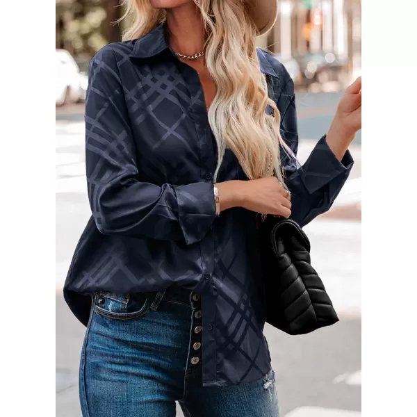 imageBTFBM Womens Satin Button Down Shirts Roll Up Long Sleeve Lapel V Neck Loose Casual Work Summer Fall Blouse Tops 2023Plaid Navy
