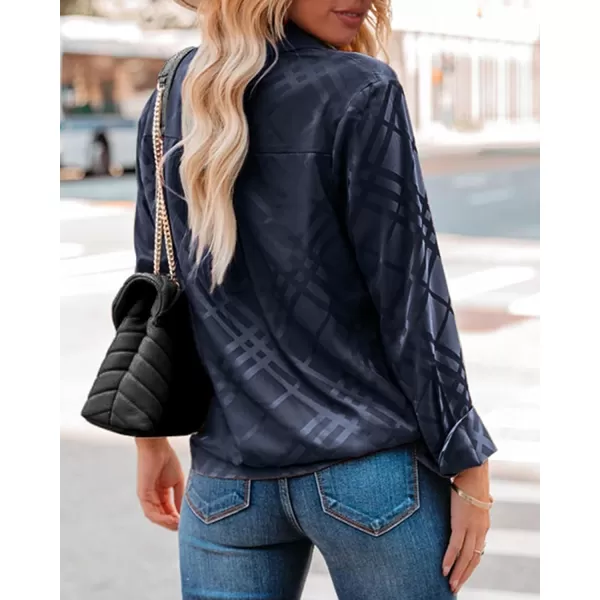 imageBTFBM Womens Satin Button Down Shirts Roll Up Long Sleeve Lapel V Neck Loose Casual Work Summer Fall Blouse Tops 2023Plaid Navy