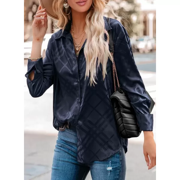 imageBTFBM Womens Satin Button Down Shirts Roll Up Long Sleeve Lapel V Neck Loose Casual Work Summer Fall Blouse Tops 2023Plaid Navy