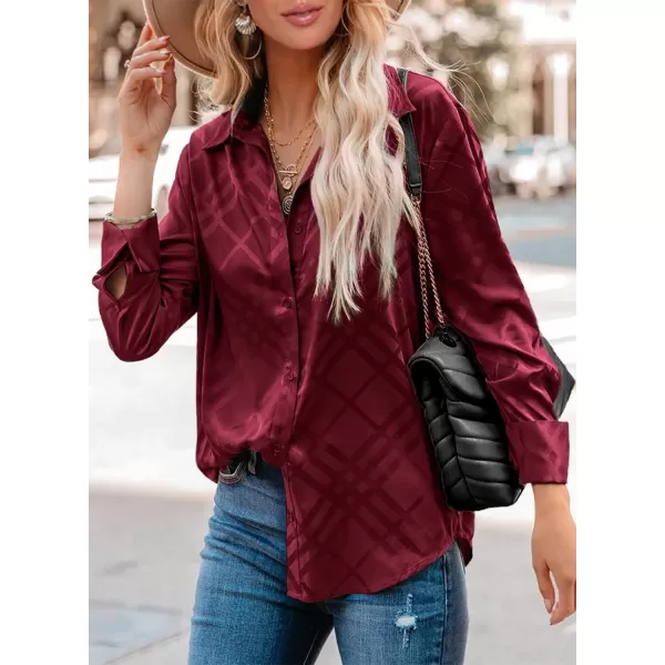 imageBTFBM Womens Satin Button Down Shirts Roll Up Long Sleeve Lapel V Neck Loose Casual Work Summer Fall Blouse Tops 2023Plaid Wine Red