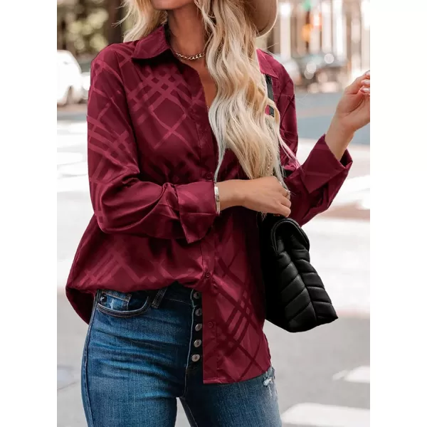 imageBTFBM Womens Satin Button Down Shirts Roll Up Long Sleeve Lapel V Neck Loose Casual Work Summer Fall Blouse Tops 2023Plaid Wine Red