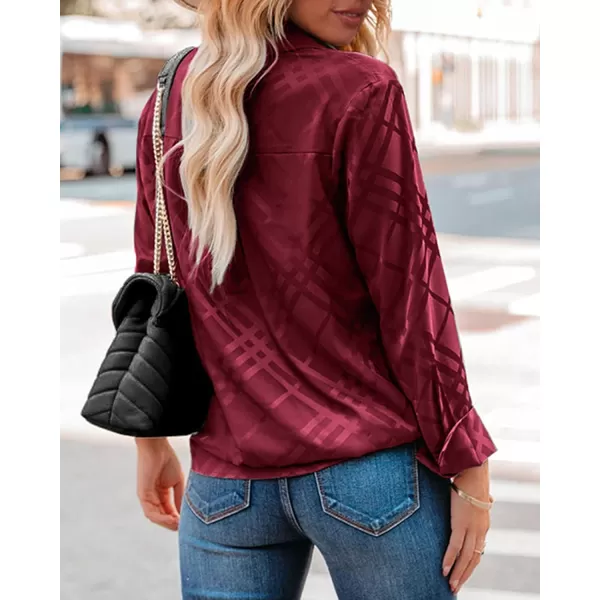 imageBTFBM Womens Satin Button Down Shirts Roll Up Long Sleeve Lapel V Neck Loose Casual Work Summer Fall Blouse Tops 2023Plaid Wine Red
