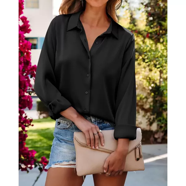 imageBTFBM Womens Satin Button Down Shirts Roll Up Long Sleeve Lapel V Neck Loose Casual Work Summer Fall Blouse Tops 2023Solid Black