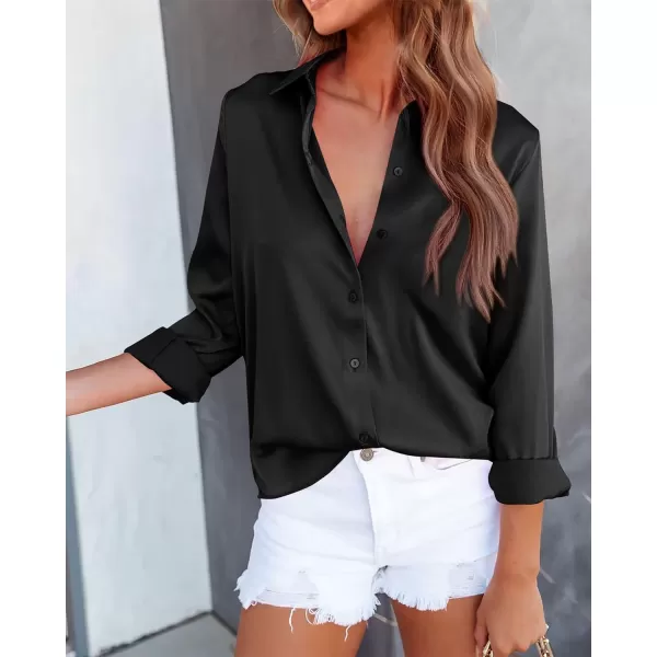 imageBTFBM Womens Satin Button Down Shirts Roll Up Long Sleeve Lapel V Neck Loose Casual Work Summer Fall Blouse Tops 2023Solid Black