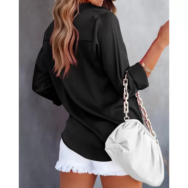 imageBTFBM Womens Satin Button Down Shirts Roll Up Long Sleeve Lapel V Neck Loose Casual Work Summer Fall Blouse Tops 2023Solid Black