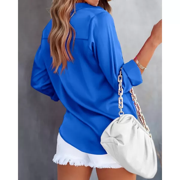 imageBTFBM Womens Satin Button Down Shirts Roll Up Long Sleeve Lapel V Neck Loose Casual Work Summer Fall Blouse Tops 2023Solid Blue