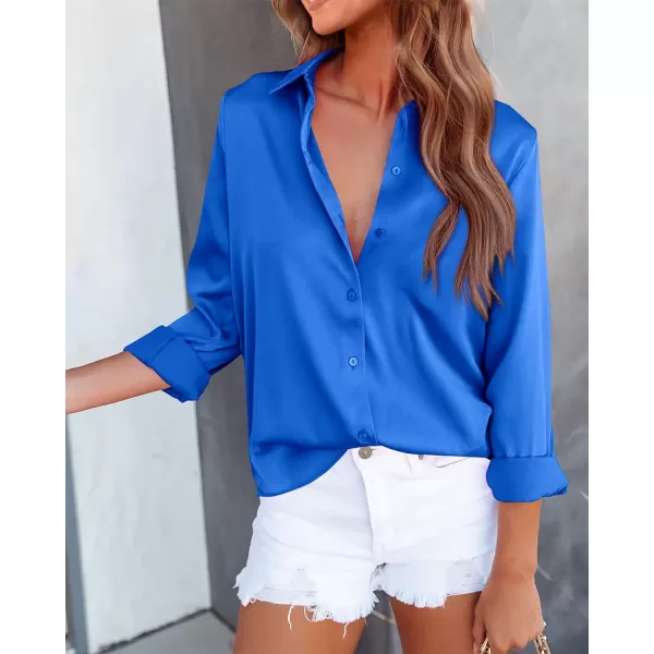 imageBTFBM Womens Satin Button Down Shirts Roll Up Long Sleeve Lapel V Neck Loose Casual Work Summer Fall Blouse Tops 2023Solid Blue