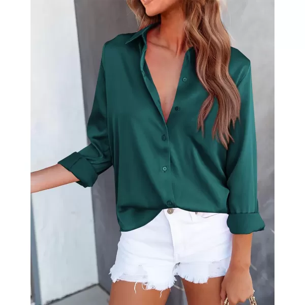 imageBTFBM Womens Satin Button Down Shirts Roll Up Long Sleeve Lapel V Neck Loose Casual Work Summer Fall Blouse Tops 2023Solid Dark Green