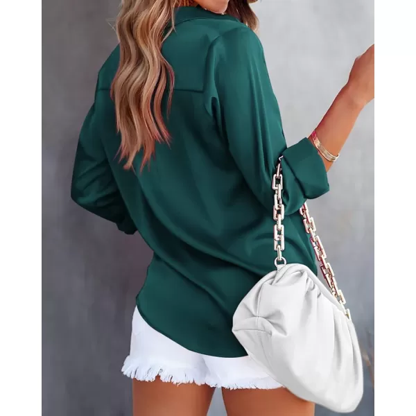 imageBTFBM Womens Satin Button Down Shirts Roll Up Long Sleeve Lapel V Neck Loose Casual Work Summer Fall Blouse Tops 2023Solid Dark Green