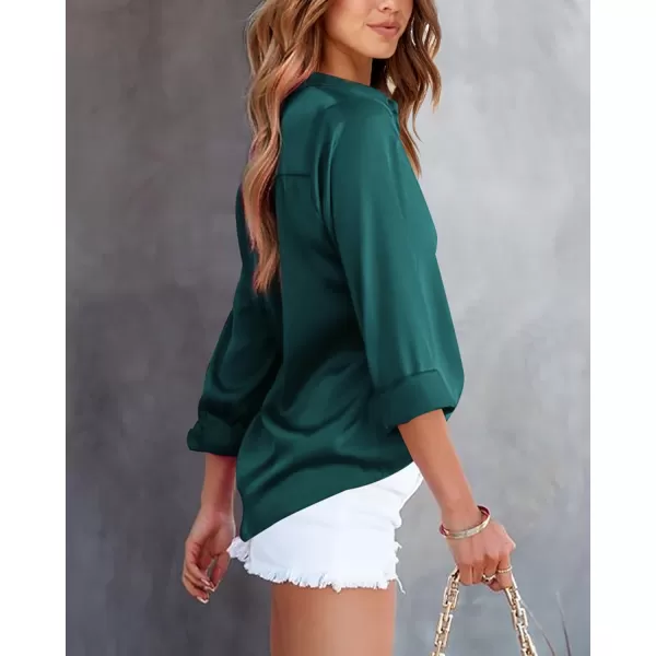 imageBTFBM Womens Satin Button Down Shirts Roll Up Long Sleeve Lapel V Neck Loose Casual Work Summer Fall Blouse Tops 2023Solid Dark Green