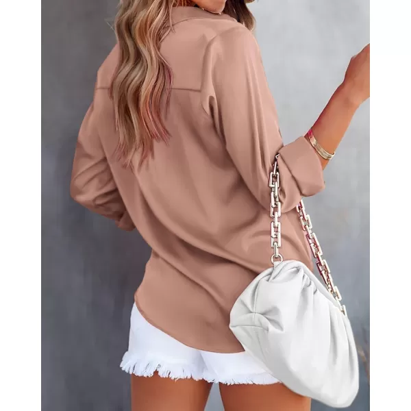 imageBTFBM Womens Satin Button Down Shirts Roll Up Long Sleeve Lapel V Neck Loose Casual Work Summer Fall Blouse Tops 2023Solid Khaki