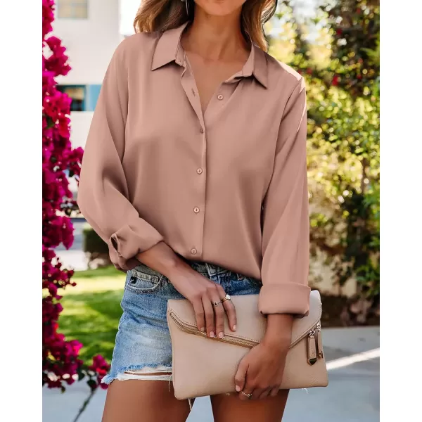 imageBTFBM Womens Satin Button Down Shirts Roll Up Long Sleeve Lapel V Neck Loose Casual Work Summer Fall Blouse Tops 2023Solid Khaki
