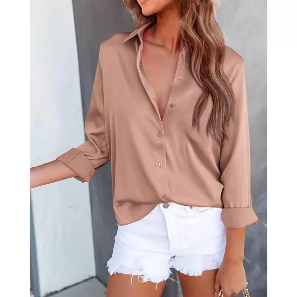 imageBTFBM Womens Satin Button Down Shirts Roll Up Long Sleeve Lapel V Neck Loose Casual Work Summer Fall Blouse Tops 2023Solid Khaki