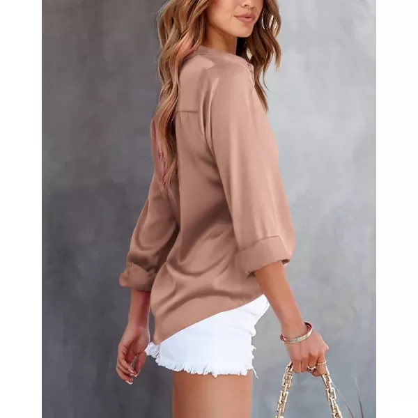 imageBTFBM Womens Satin Button Down Shirts Roll Up Long Sleeve Lapel V Neck Loose Casual Work Summer Fall Blouse Tops 2023Solid Khaki