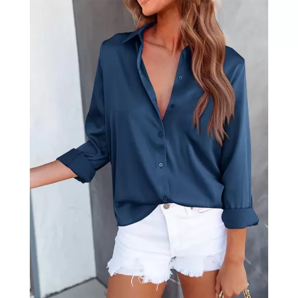 imageBTFBM Womens Satin Button Down Shirts Roll Up Long Sleeve Lapel V Neck Loose Casual Work Summer Fall Blouse Tops 2023Solid Navy