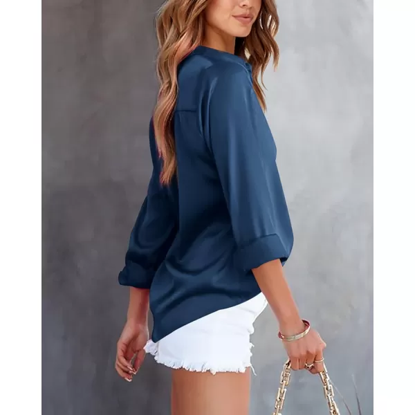 imageBTFBM Womens Satin Button Down Shirts Roll Up Long Sleeve Lapel V Neck Loose Casual Work Summer Fall Blouse Tops 2023Solid Navy