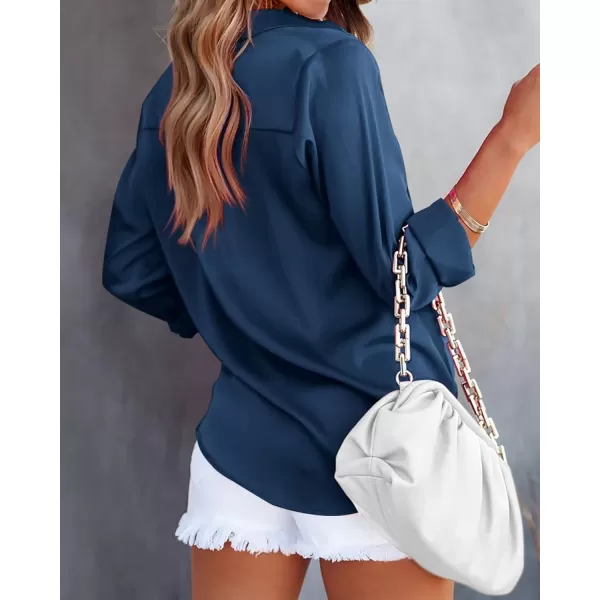 imageBTFBM Womens Satin Button Down Shirts Roll Up Long Sleeve Lapel V Neck Loose Casual Work Summer Fall Blouse Tops 2023Solid Navy