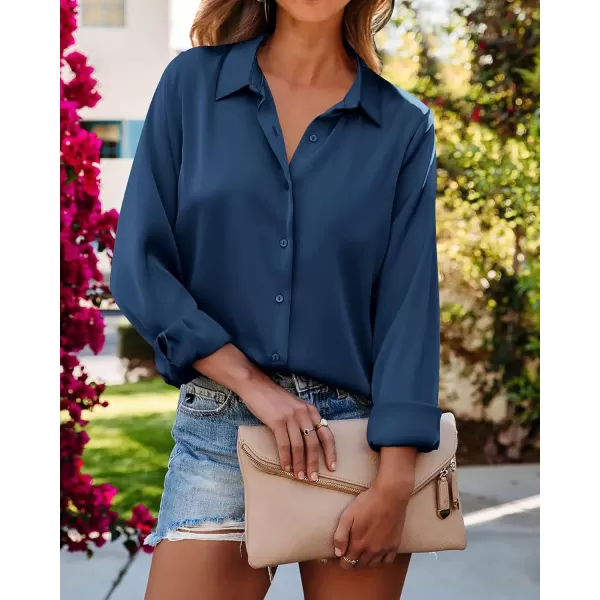 imageBTFBM Womens Satin Button Down Shirts Roll Up Long Sleeve Lapel V Neck Loose Casual Work Summer Fall Blouse Tops 2023Solid Navy
