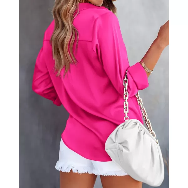 imageBTFBM Womens Satin Button Down Shirts Roll Up Long Sleeve Lapel V Neck Loose Casual Work Summer Fall Blouse Tops 2023Solid Rose Red