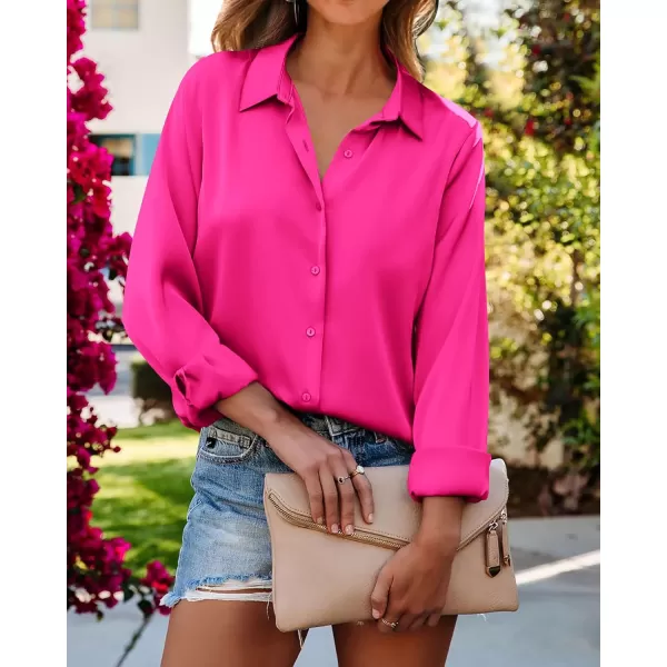 imageBTFBM Womens Satin Button Down Shirts Roll Up Long Sleeve Lapel V Neck Loose Casual Work Summer Fall Blouse Tops 2023Solid Rose Red