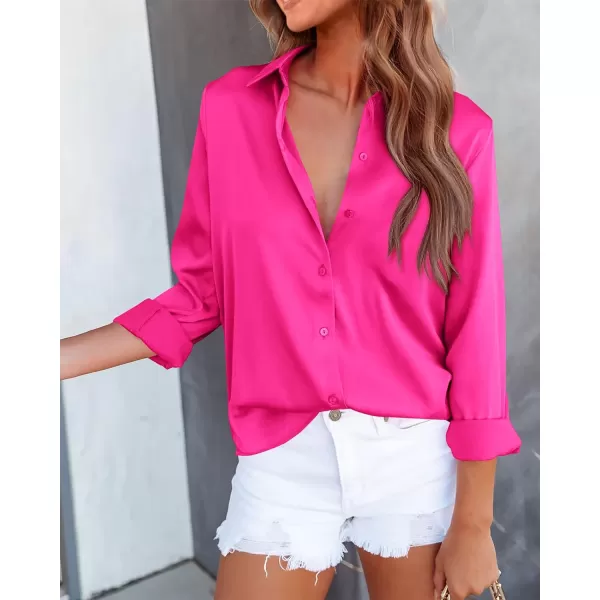 imageBTFBM Womens Satin Button Down Shirts Roll Up Long Sleeve Lapel V Neck Loose Casual Work Summer Fall Blouse Tops 2023Solid Rose Red