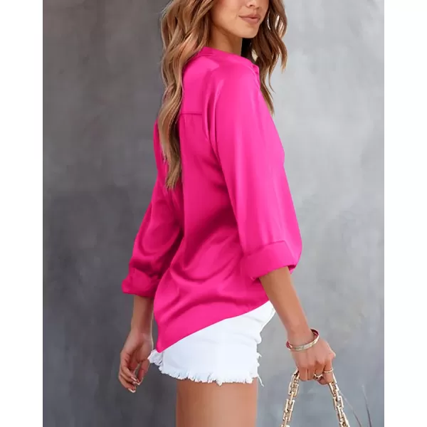 imageBTFBM Womens Satin Button Down Shirts Roll Up Long Sleeve Lapel V Neck Loose Casual Work Summer Fall Blouse Tops 2023Solid Rose Red