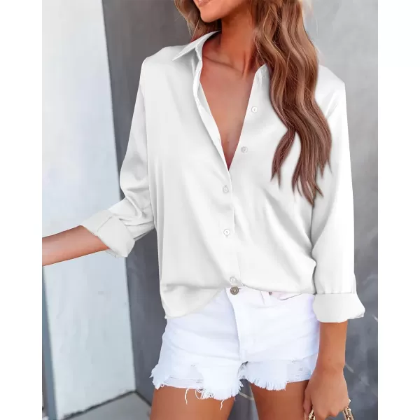 imageBTFBM Womens Satin Button Down Shirts Roll Up Long Sleeve Lapel V Neck Loose Casual Work Summer Fall Blouse Tops 2023Solid White