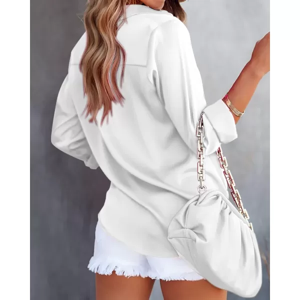 imageBTFBM Womens Satin Button Down Shirts Roll Up Long Sleeve Lapel V Neck Loose Casual Work Summer Fall Blouse Tops 2023Solid White