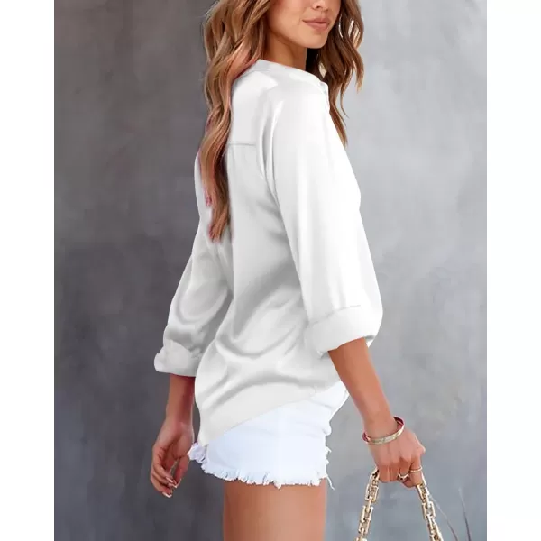imageBTFBM Womens Satin Button Down Shirts Roll Up Long Sleeve Lapel V Neck Loose Casual Work Summer Fall Blouse Tops 2023Solid White