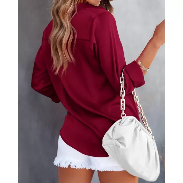 imageBTFBM Womens Satin Button Down Shirts Roll Up Long Sleeve Lapel V Neck Loose Casual Work Summer Fall Blouse Tops 2023Solid Wine Red