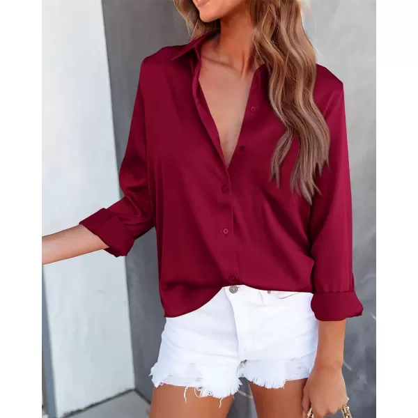 imageBTFBM Womens Satin Button Down Shirts Roll Up Long Sleeve Lapel V Neck Loose Casual Work Summer Fall Blouse Tops 2023Solid Wine Red