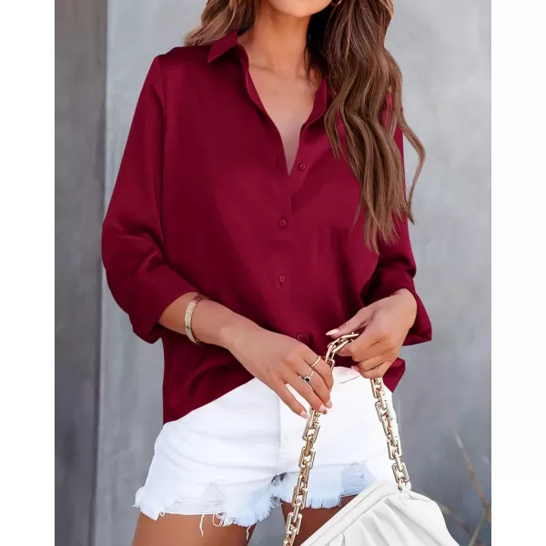 imageBTFBM Womens Satin Button Down Shirts Roll Up Long Sleeve Lapel V Neck Loose Casual Work Summer Fall Blouse Tops 2023Solid Wine Red