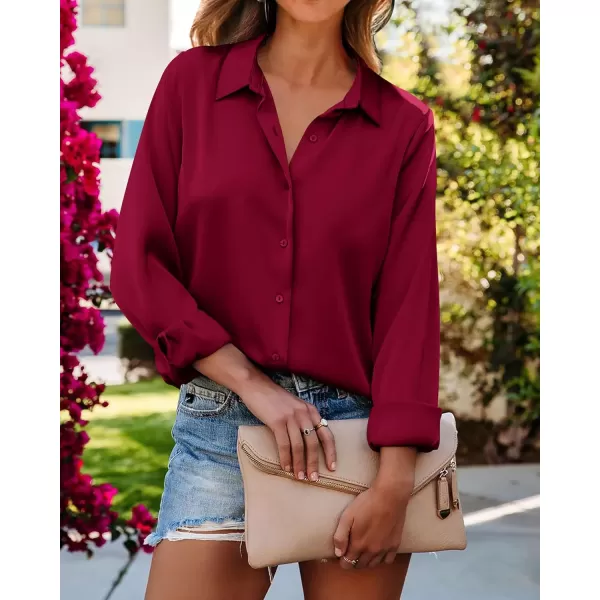 imageBTFBM Womens Satin Button Down Shirts Roll Up Long Sleeve Lapel V Neck Loose Casual Work Summer Fall Blouse Tops 2023Solid Wine Red