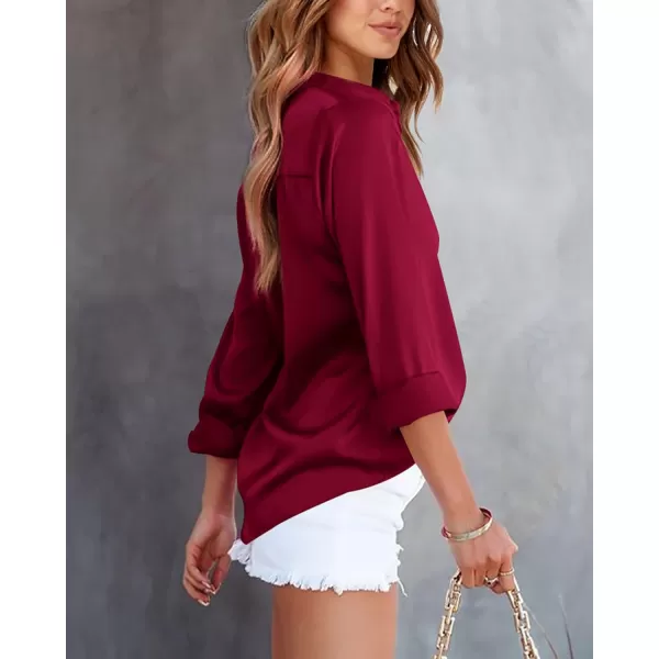 imageBTFBM Womens Satin Button Down Shirts Roll Up Long Sleeve Lapel V Neck Loose Casual Work Summer Fall Blouse Tops 2023Solid Wine Red