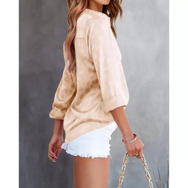imageBTFBM Womens Satin Button Down Shirts Roll Up Long Sleeve Lapel V Neck Loose Casual Work Summer Spring Blouse Tops 2024Leopard Apricot