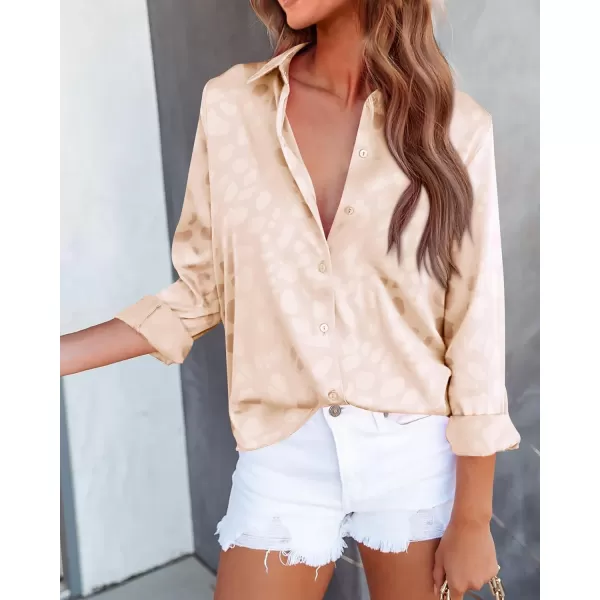 imageBTFBM Womens Satin Button Down Shirts Roll Up Long Sleeve Lapel V Neck Loose Casual Work Summer Spring Blouse Tops 2024Leopard Apricot
