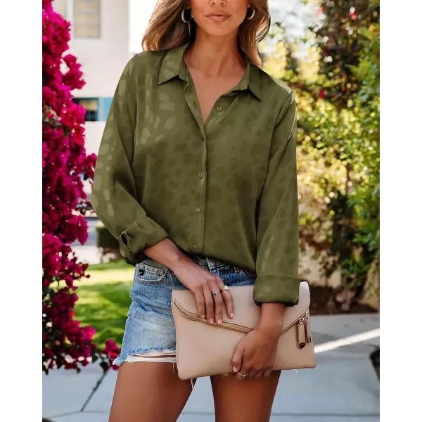 imageBTFBM Womens Satin Button Down Shirts Roll Up Long Sleeve Lapel V Neck Loose Casual Work Summer Spring Blouse Tops 2024Leopard Army Green