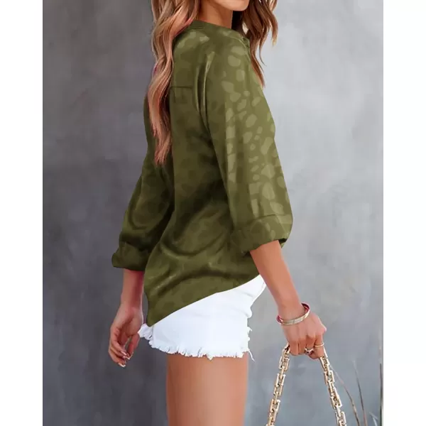 imageBTFBM Womens Satin Button Down Shirts Roll Up Long Sleeve Lapel V Neck Loose Casual Work Summer Spring Blouse Tops 2024Leopard Army Green