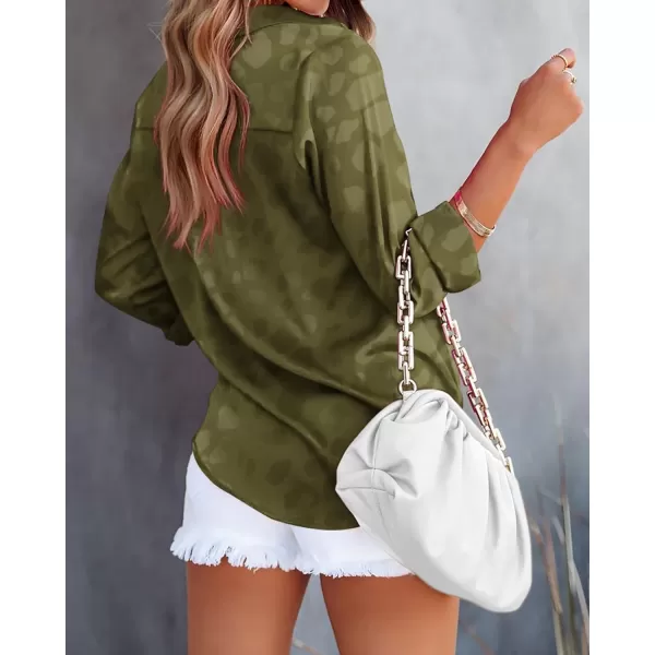 imageBTFBM Womens Satin Button Down Shirts Roll Up Long Sleeve Lapel V Neck Loose Casual Work Summer Spring Blouse Tops 2024Leopard Army Green