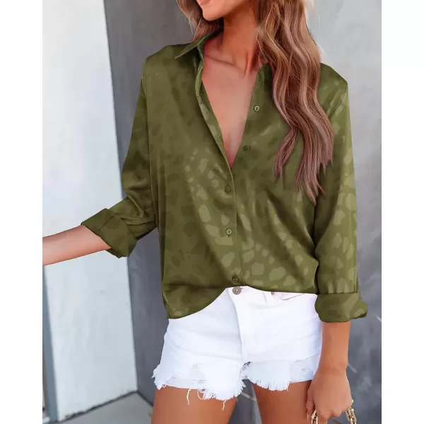 imageBTFBM Womens Satin Button Down Shirts Roll Up Long Sleeve Lapel V Neck Loose Casual Work Summer Spring Blouse Tops 2024Leopard Army Green
