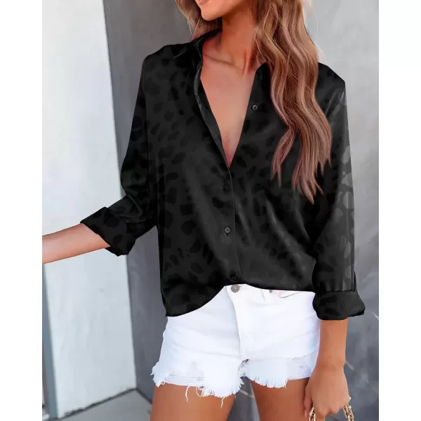 imageBTFBM Womens Satin Button Down Shirts Roll Up Long Sleeve Lapel V Neck Loose Casual Work Summer Spring Blouse Tops 2024Leopard Black