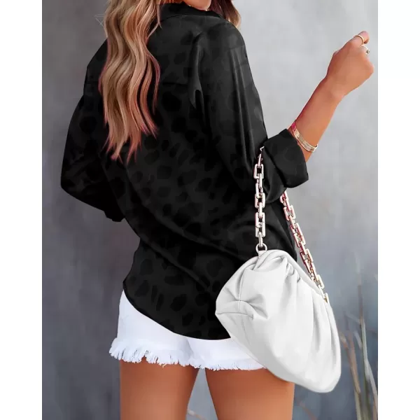 imageBTFBM Womens Satin Button Down Shirts Roll Up Long Sleeve Lapel V Neck Loose Casual Work Summer Spring Blouse Tops 2024Leopard Black