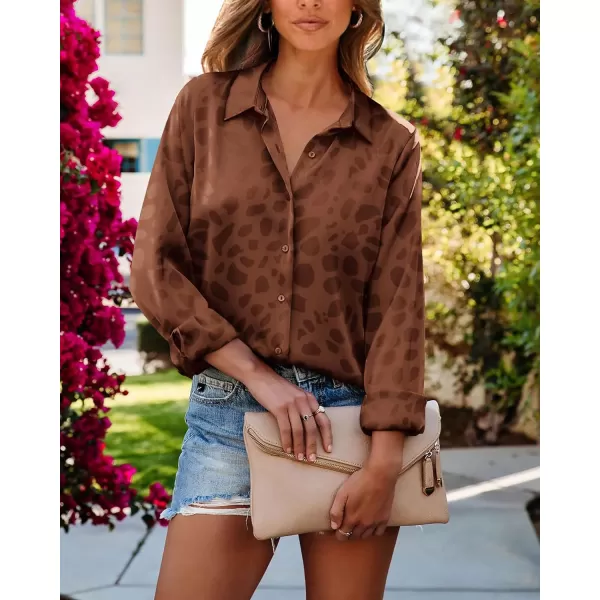 imageBTFBM Womens Satin Button Down Shirts Roll Up Long Sleeve Lapel V Neck Loose Casual Work Summer Spring Blouse Tops 2024Leopard Caramel