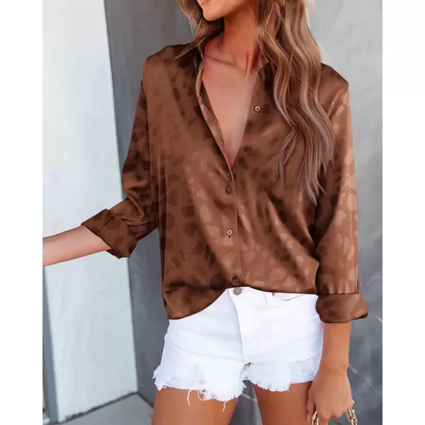 imageBTFBM Womens Satin Button Down Shirts Roll Up Long Sleeve Lapel V Neck Loose Casual Work Summer Spring Blouse Tops 2024Leopard Caramel